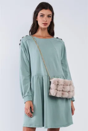 Sage Green Babydoll Loose Fit Crew Neck Long Puff Sleeve Mini Dress With Decorative Buttoned Shoulder Detail /3-2-1