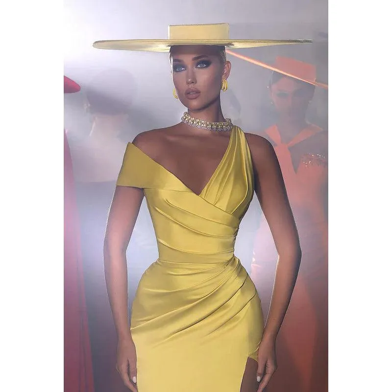 Sheath/Column Classic One shoulder Cap Sleeves Ruched Party Prom Dress