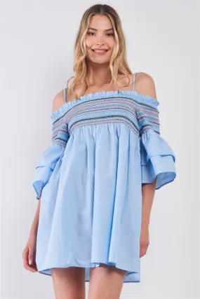 Sky Blue Cold Shoulder Colorful Stitching Smock Trim Layered Bell Sleeve Babydoll Mini Dress /1-2-2-1
