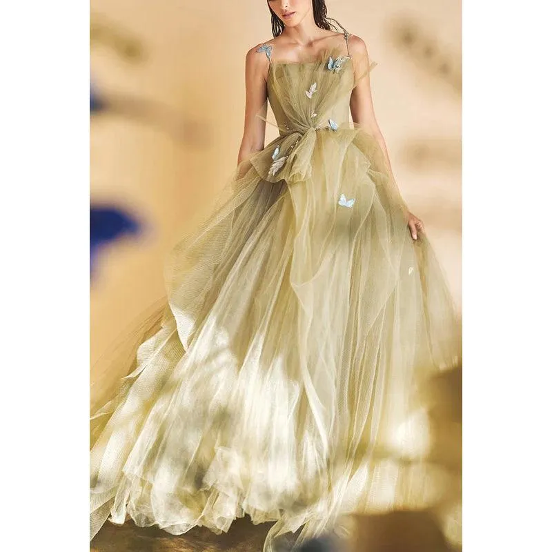 Spaghetti Straps Appliqued Beaded Ruched Tulle A-Line Long Prom Evening Dress