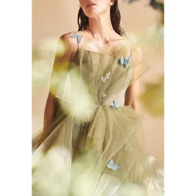 Spaghetti Straps Appliqued Beaded Ruched Tulle A-Line Long Prom Evening Dress
