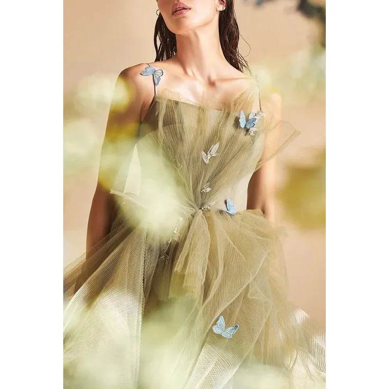 Spaghetti Straps Appliqued Beaded Ruched Tulle A-Line Long Prom Evening Dress