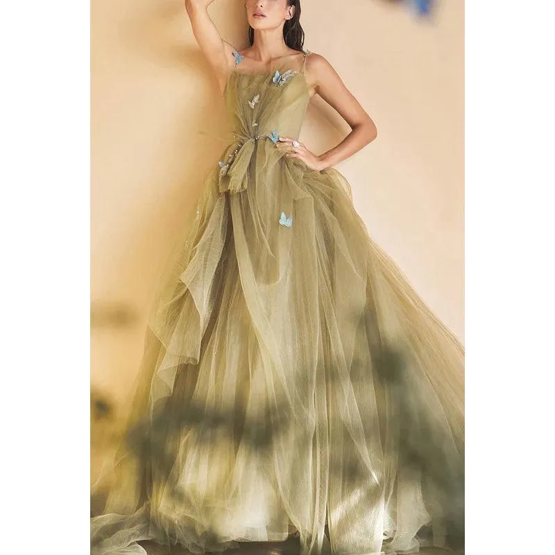 Spaghetti Straps Appliqued Beaded Ruched Tulle A-Line Long Prom Evening Dress