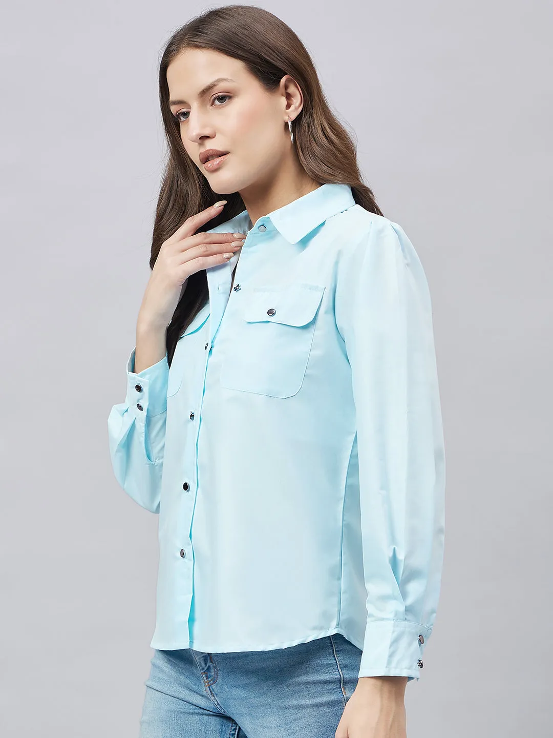 Style Quotient Women Solid Sky Blue Polycotton Relaxed Fit Smart Casual Shacket