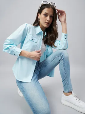 Style Quotient Women Solid Sky Blue Polycotton Relaxed Fit Smart Casual Shacket