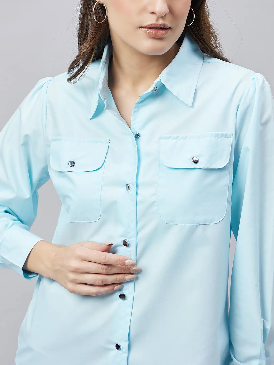 Style Quotient Women Solid Sky Blue Polycotton Relaxed Fit Smart Casual Shacket
