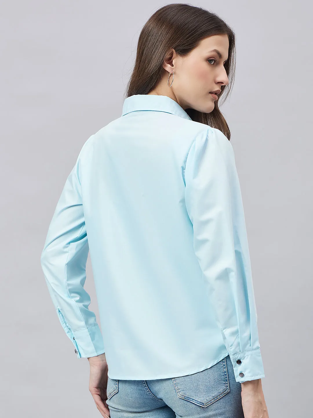 Style Quotient Women Solid Sky Blue Polycotton Relaxed Fit Smart Casual Shacket