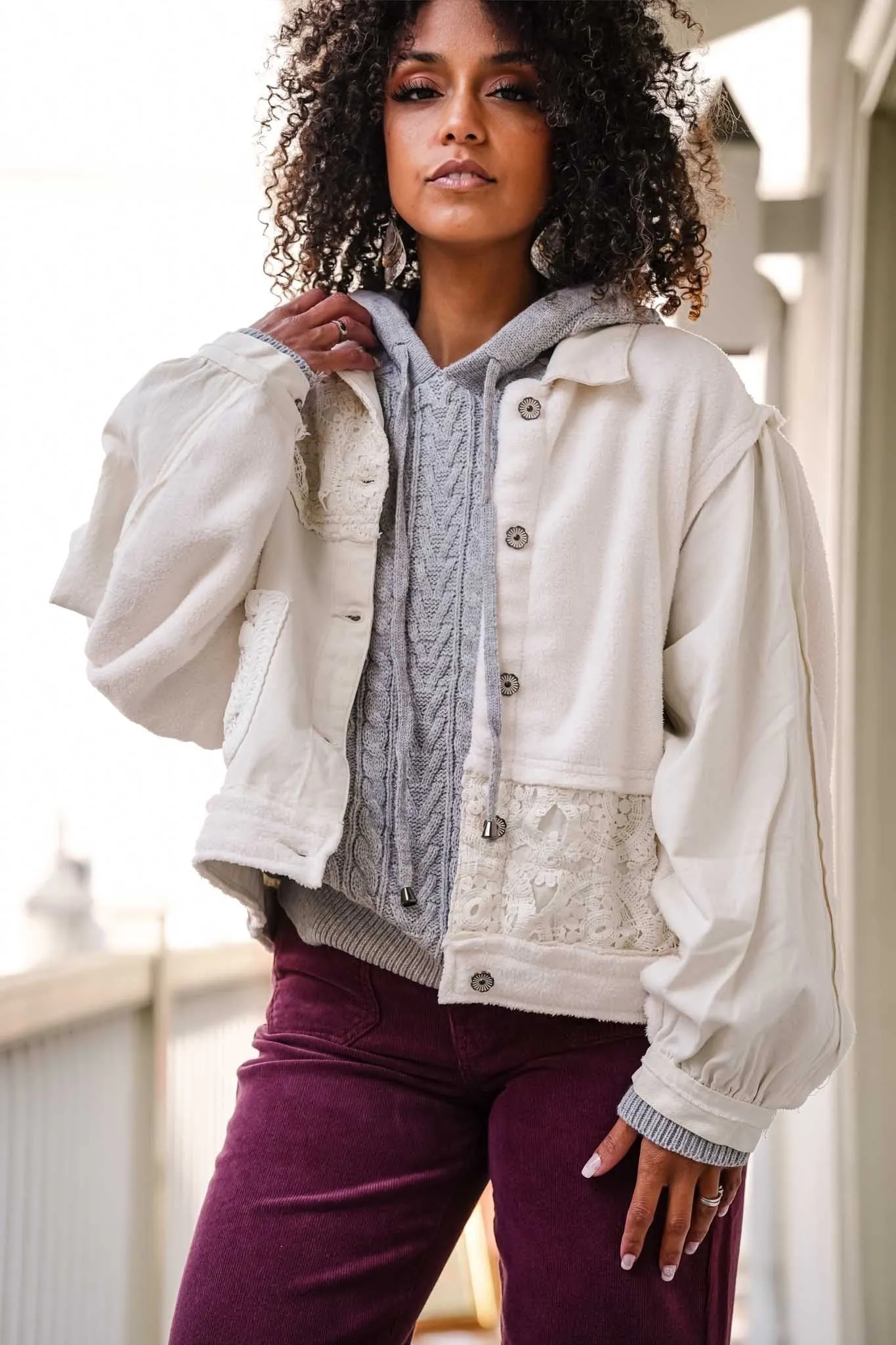 Sweet As Can Be Button Front Shacket Lace   Fleece- Oatmilk