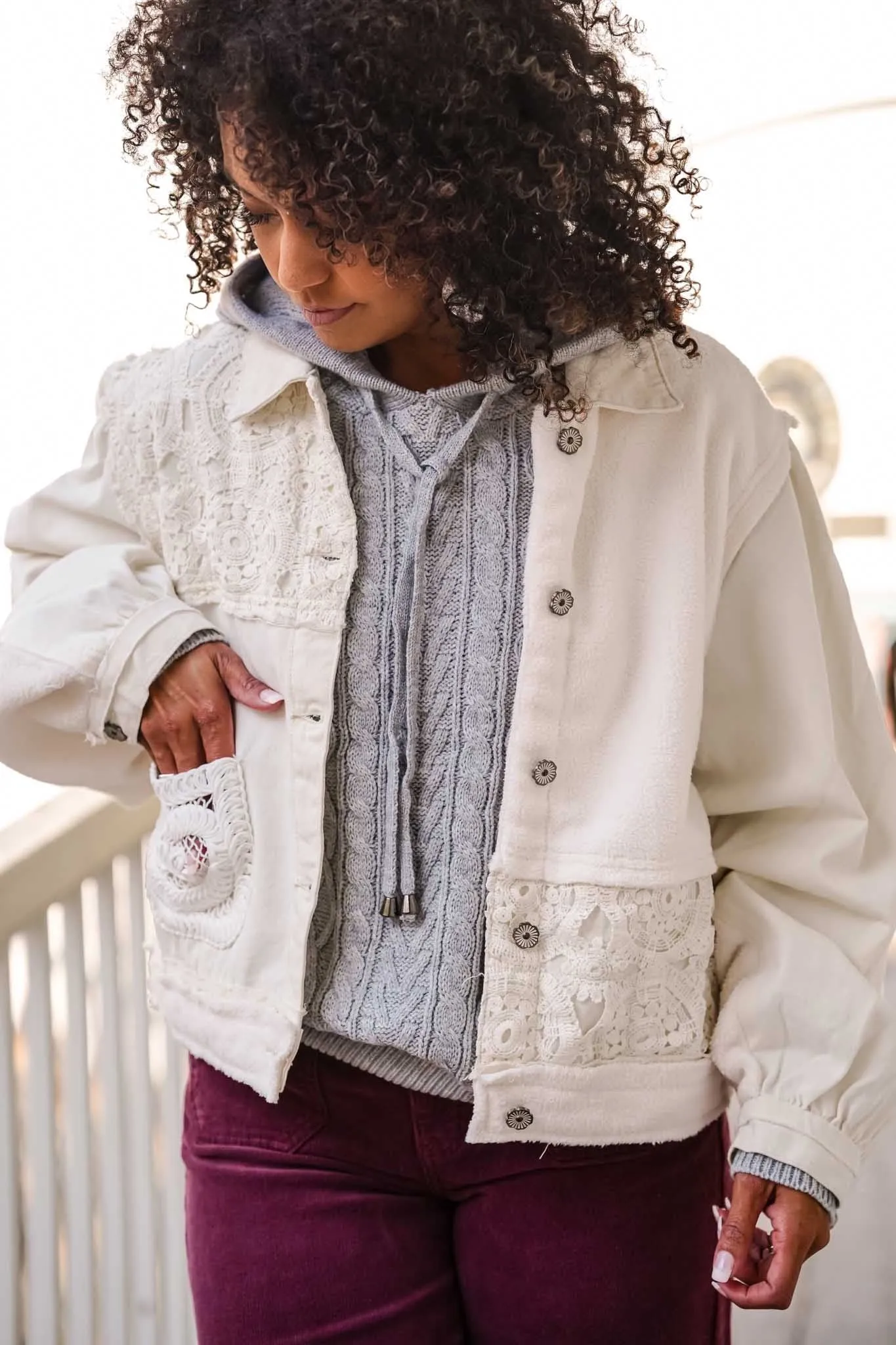 Sweet As Can Be Button Front Shacket Lace   Fleece- Oatmilk