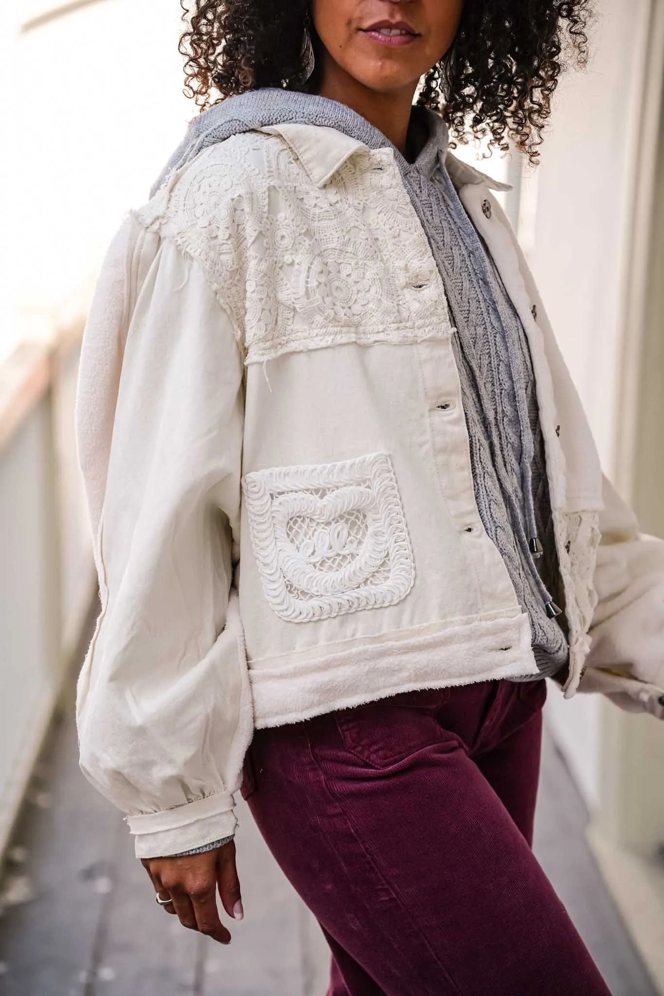 Sweet As Can Be Button Front Shacket Lace   Fleece- Oatmilk