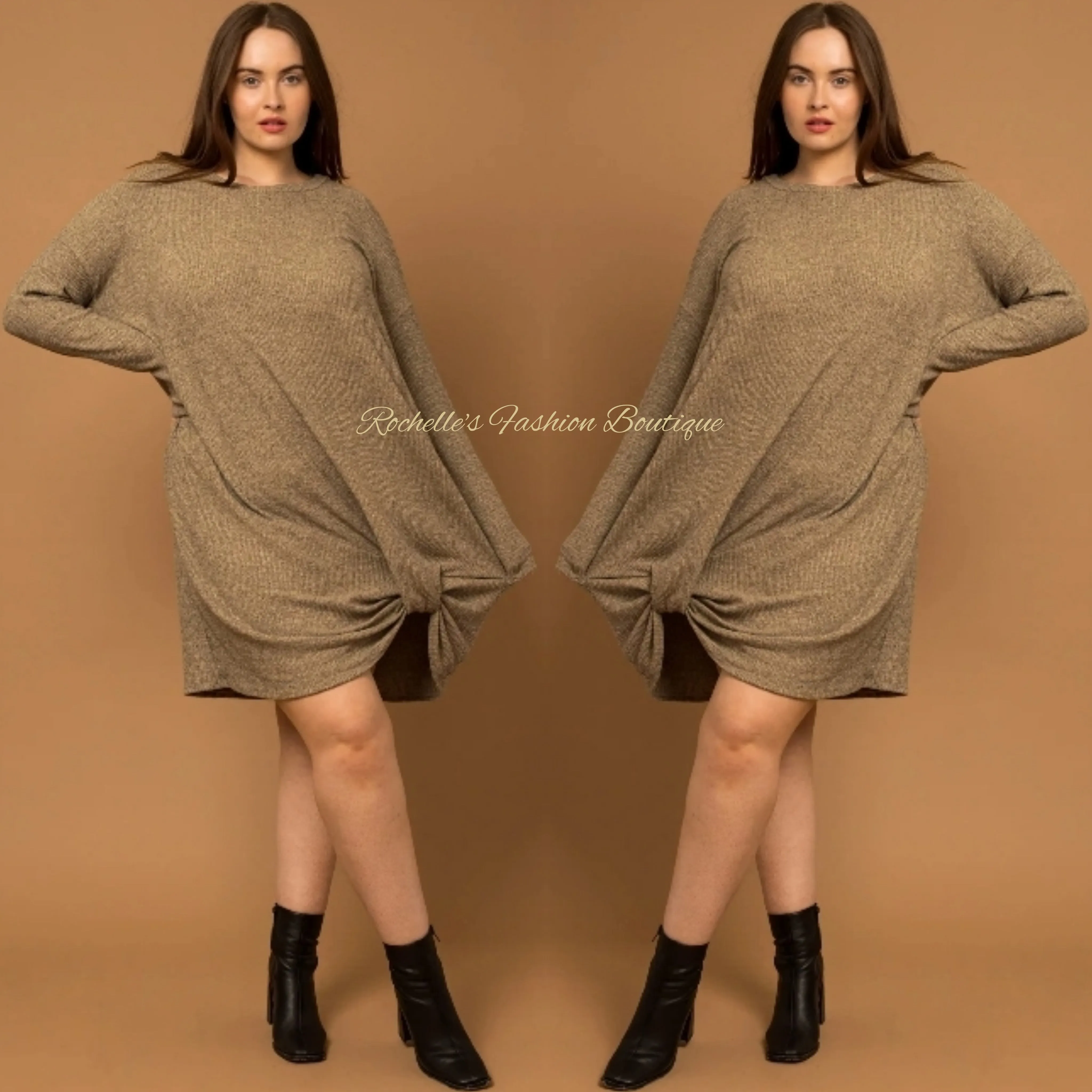 Tan Plus Ribbed L/S Dress