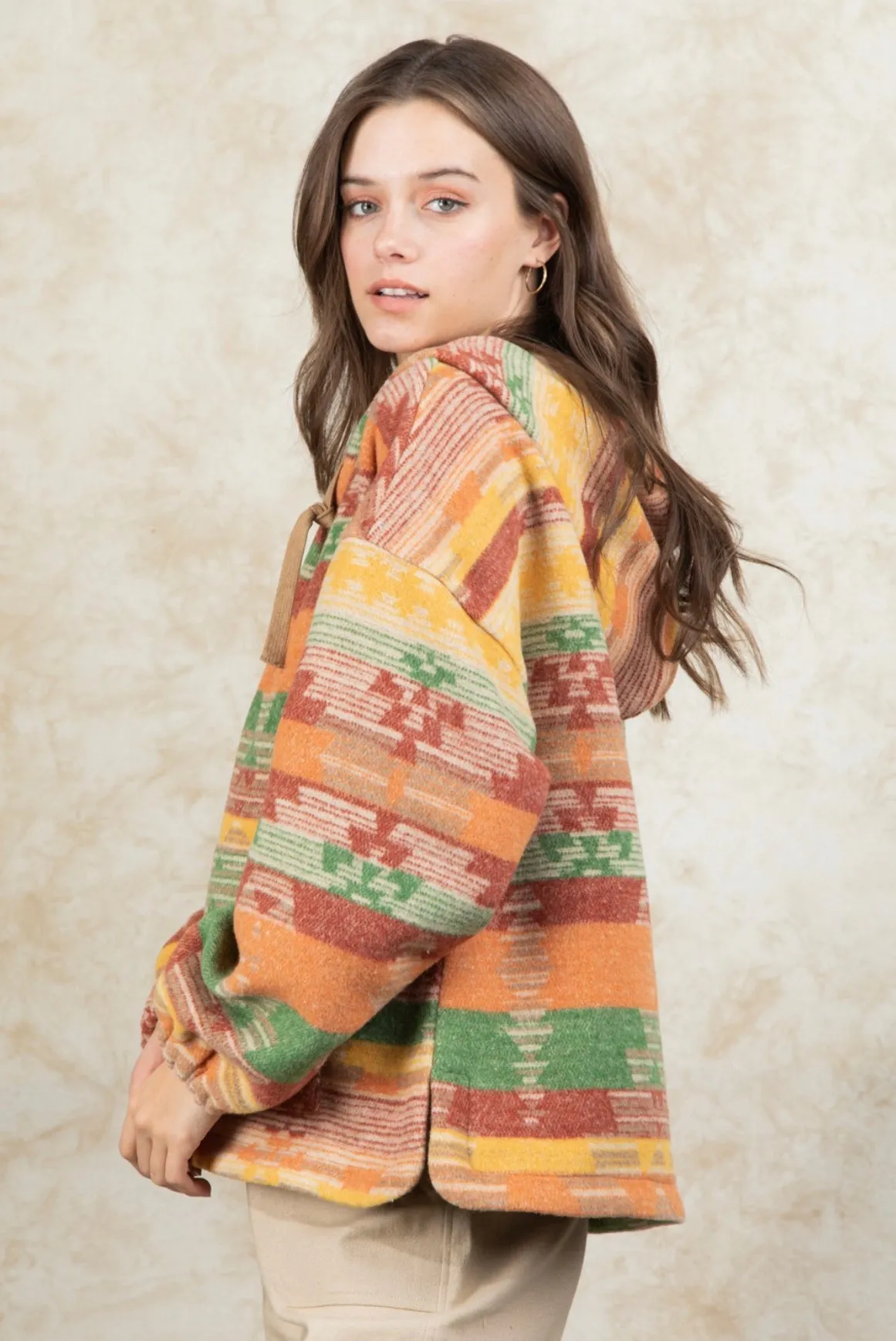 The Tucson-Orange Aztec Hooded Shacket S-L