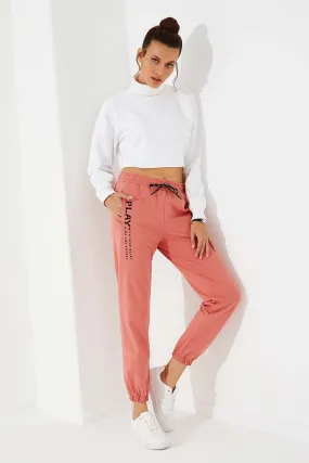 TMY Powder High Waist Embroidered Comfortable Fit Elastic Cuff Women's Sweatpants - 94573 - Mouscron