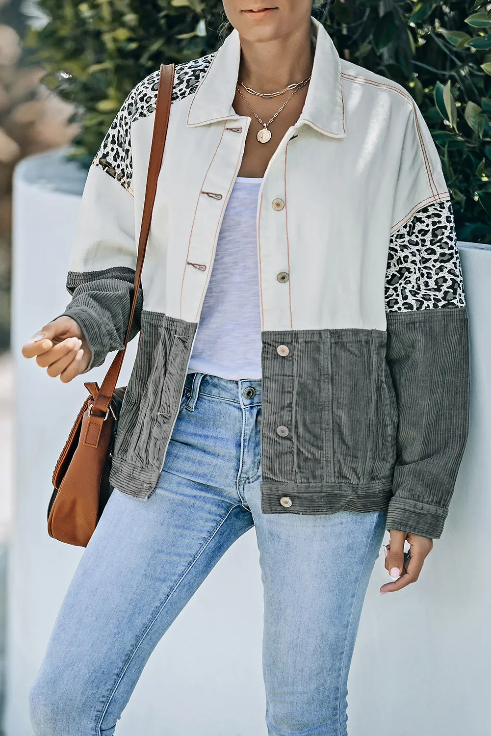 Toleet-Winter and Autumn Outfits Christmas/Thanksgiving_with Corduroy Block Shacket Leopard Color Buttons