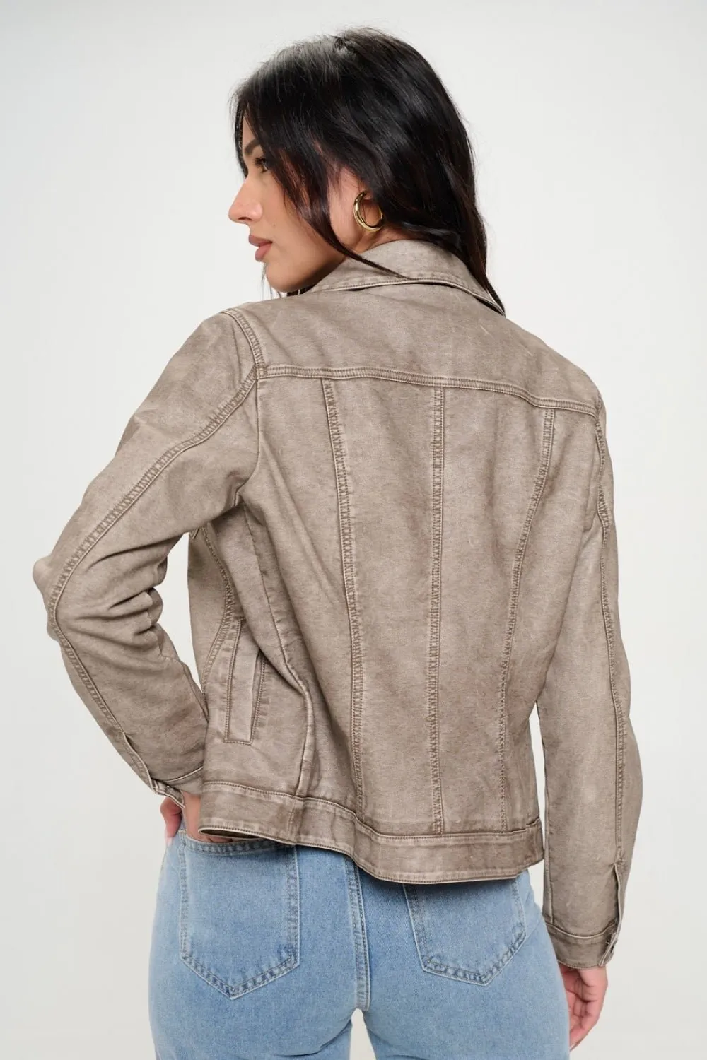 Vegan Leather Button Down Cargo Shacket in Khaki