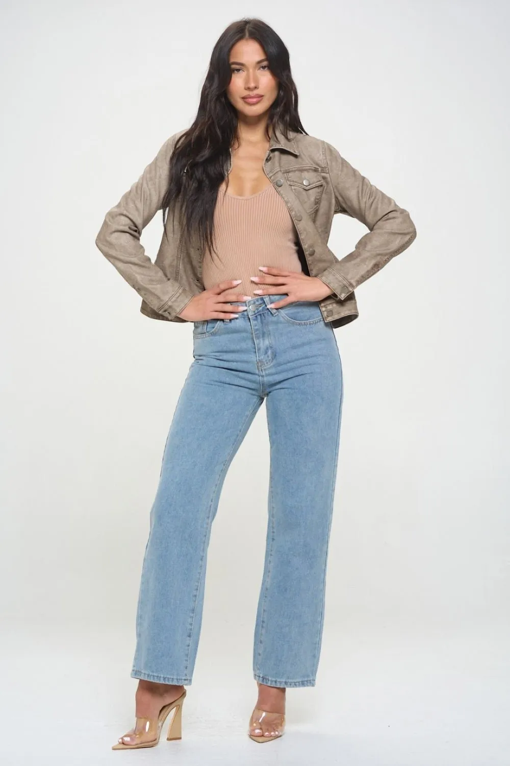 Vegan Leather Button Down Cargo Shacket in Khaki