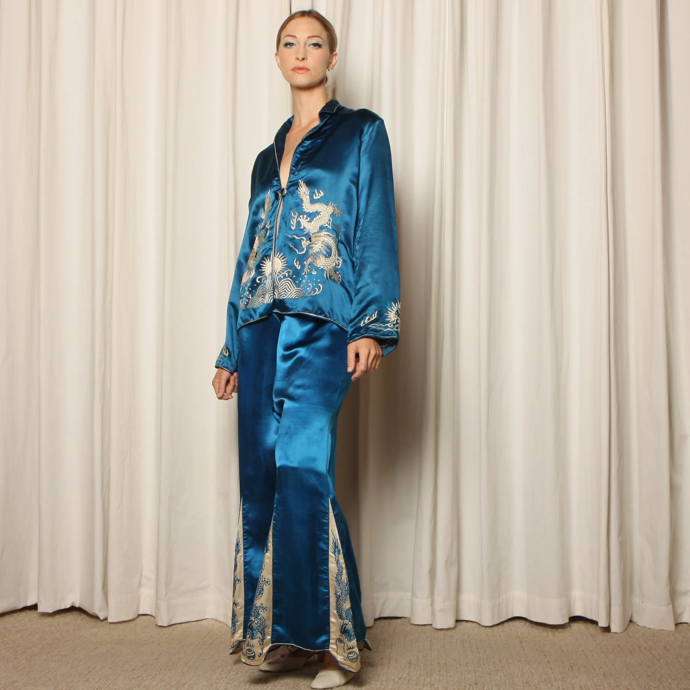 Vintage 30's Dragon Embroidered Silk Satin Pajama Ensemble