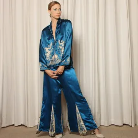 Vintage 30's Dragon Embroidered Silk Satin Pajama Ensemble