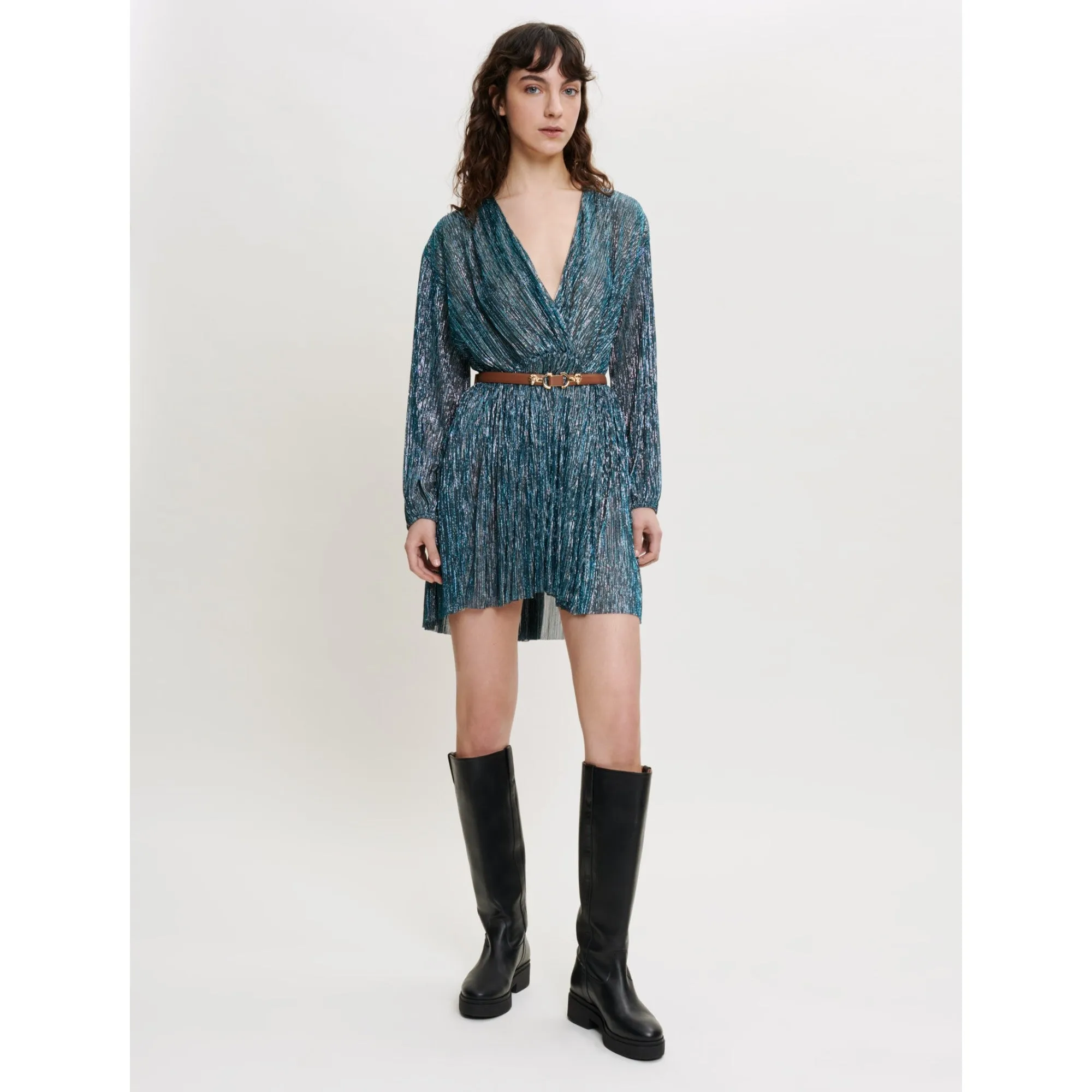 Women Fully Pleated Dress With Shimmer - Turquoise