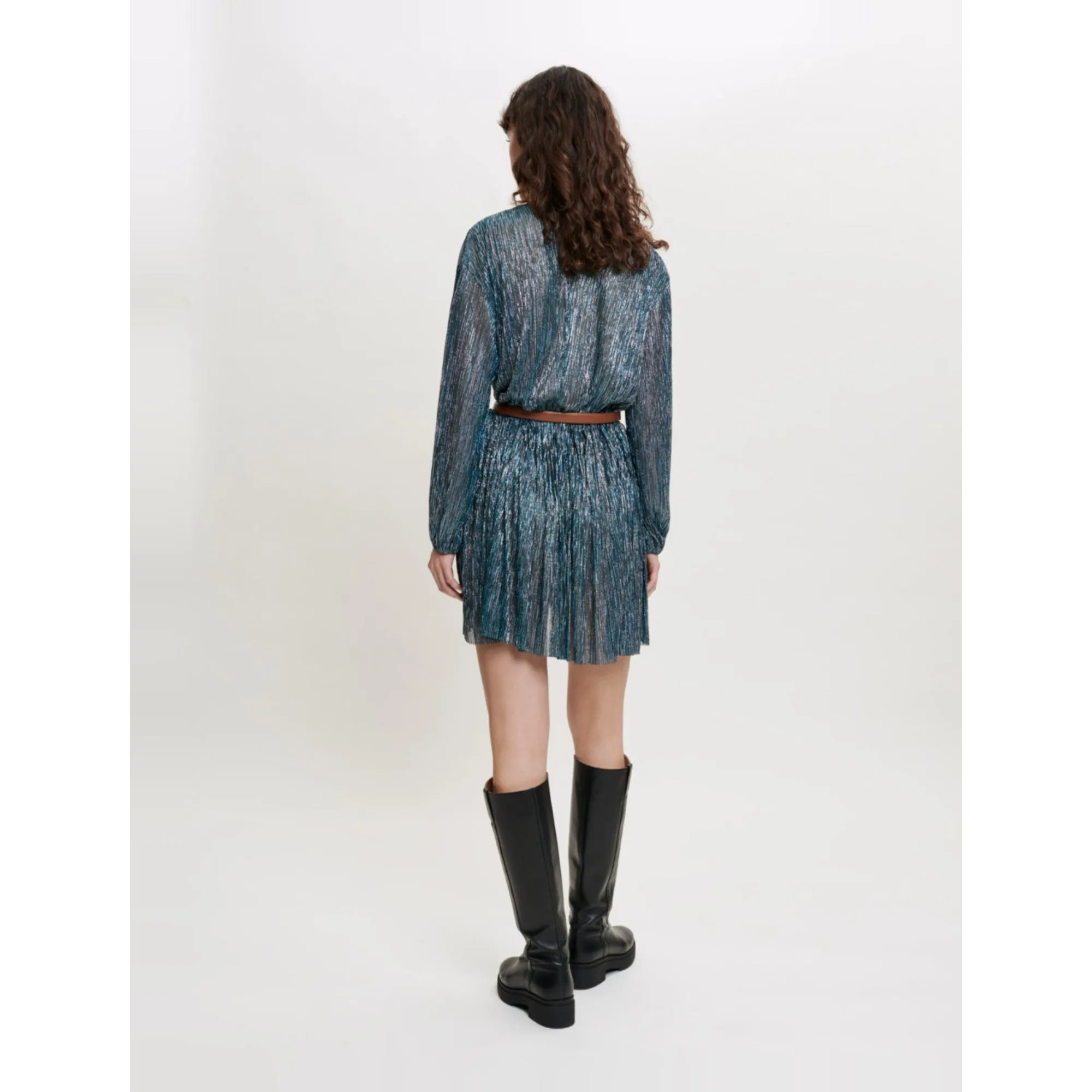 Women Fully Pleated Dress With Shimmer - Turquoise