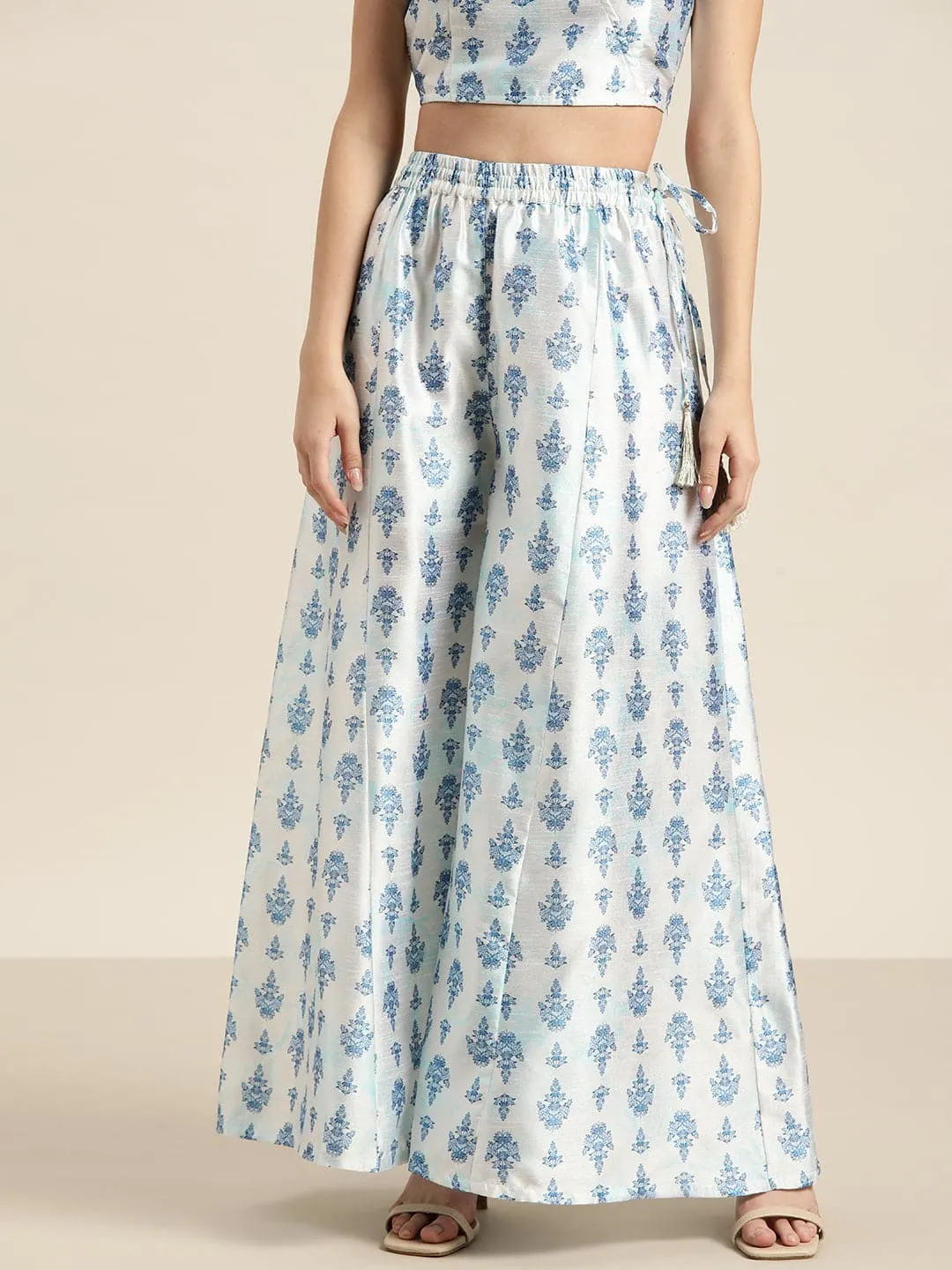 Women White Blue Floral Palazzo Pants