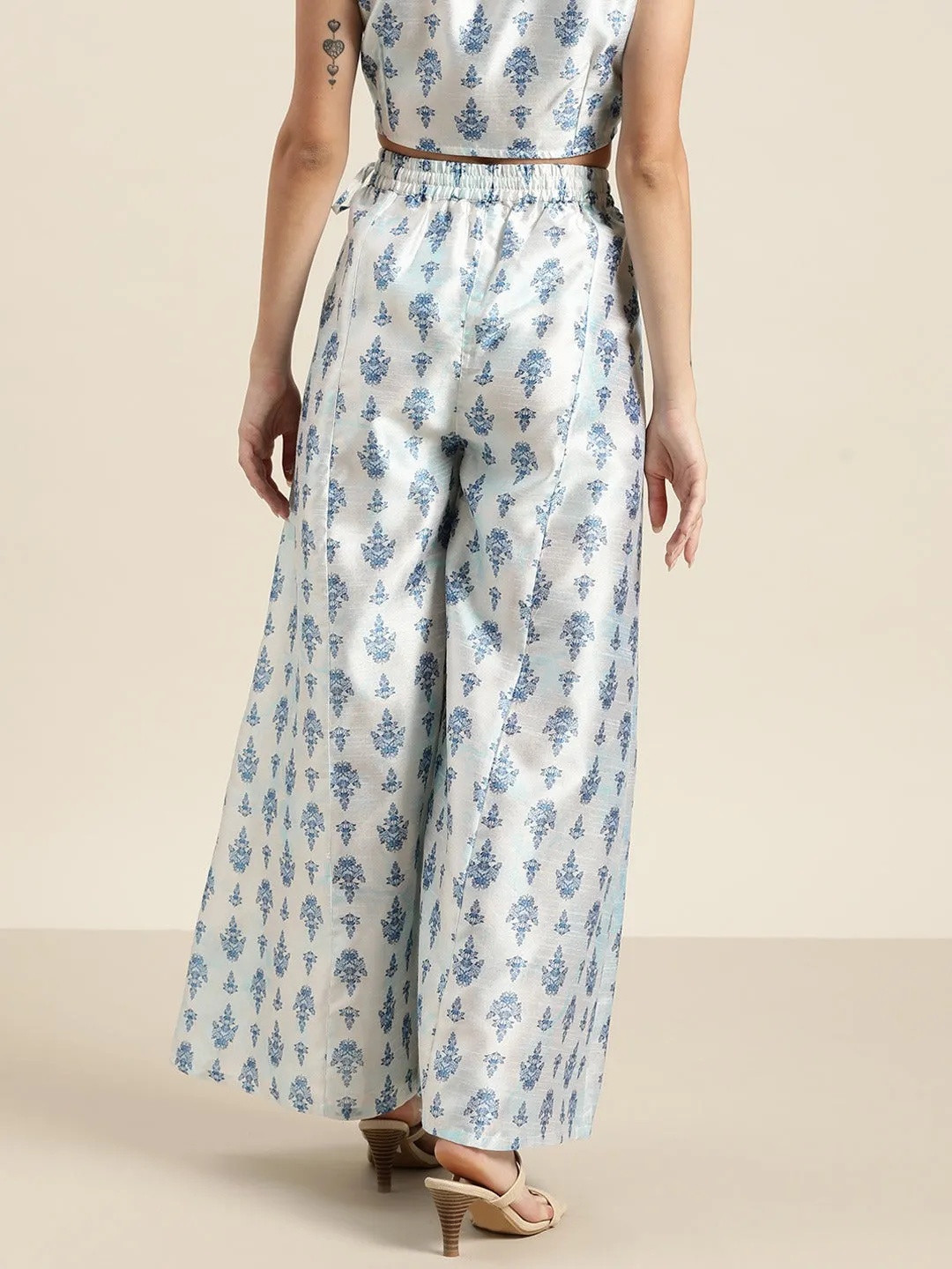 Women White Blue Floral Palazzo Pants