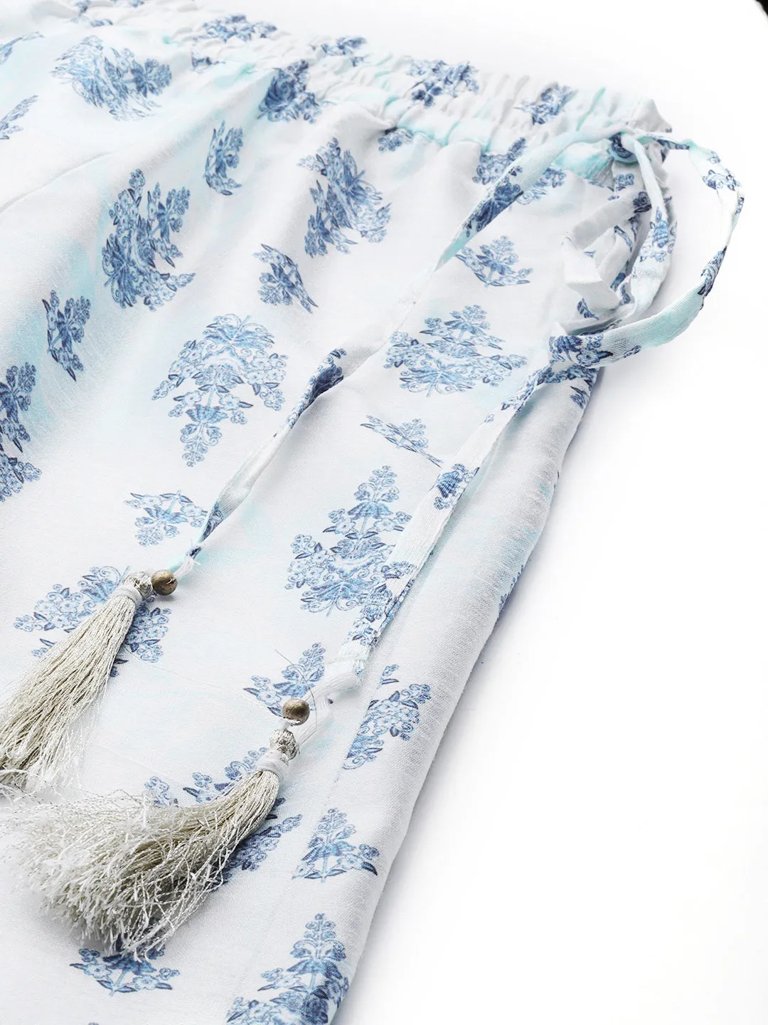 Women White Blue Floral Palazzo Pants
