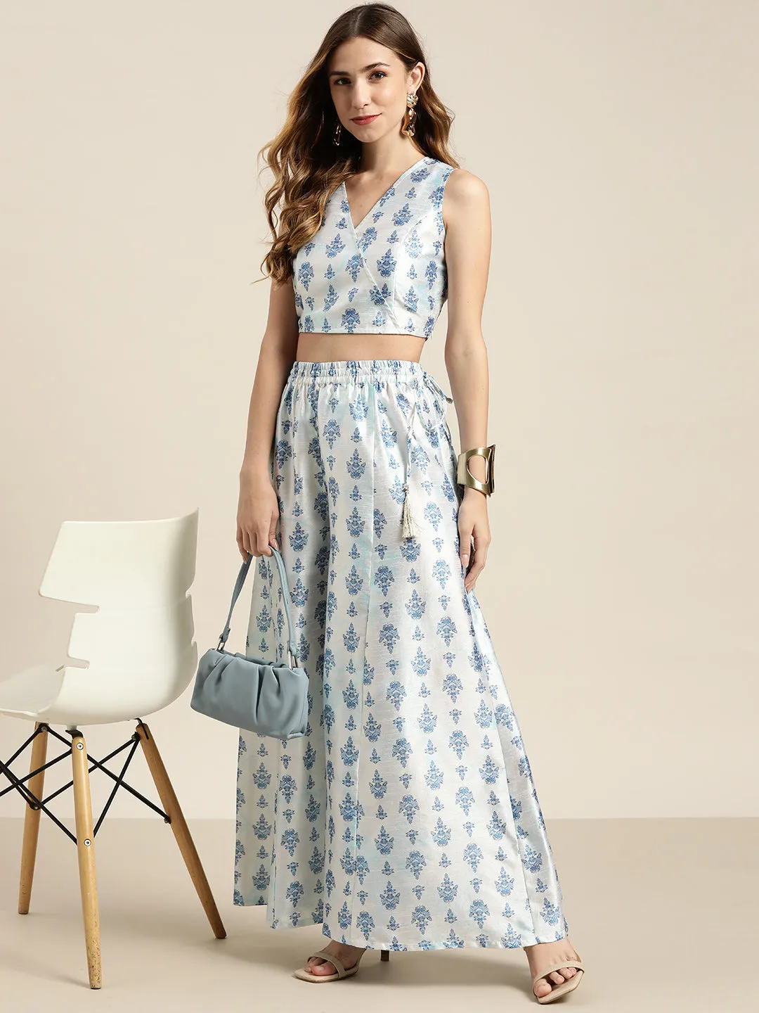 Women White Blue Floral Palazzo Pants