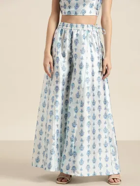 Women White Blue Floral Palazzo Pants