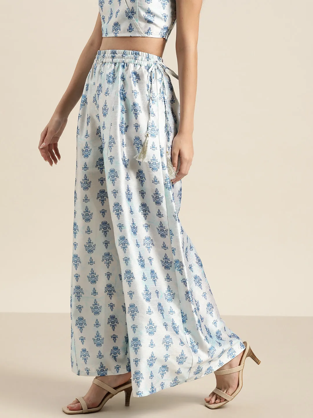 Women White Blue Floral Palazzo Pants