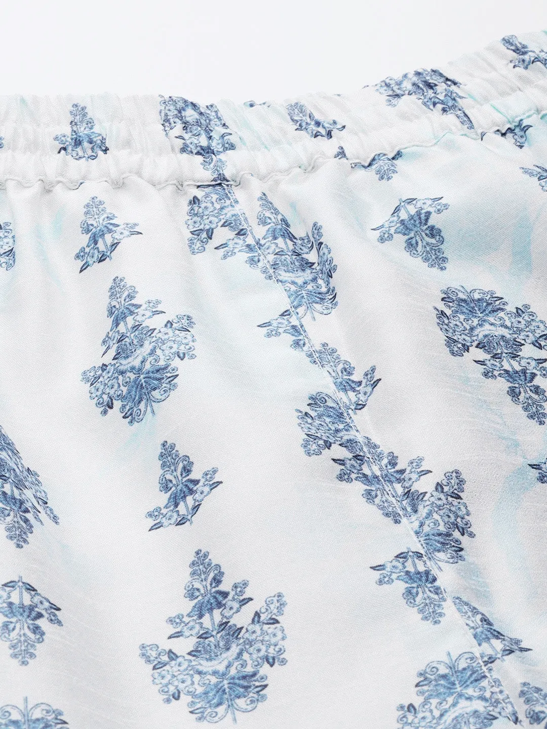 Women White Blue Floral Palazzo Pants