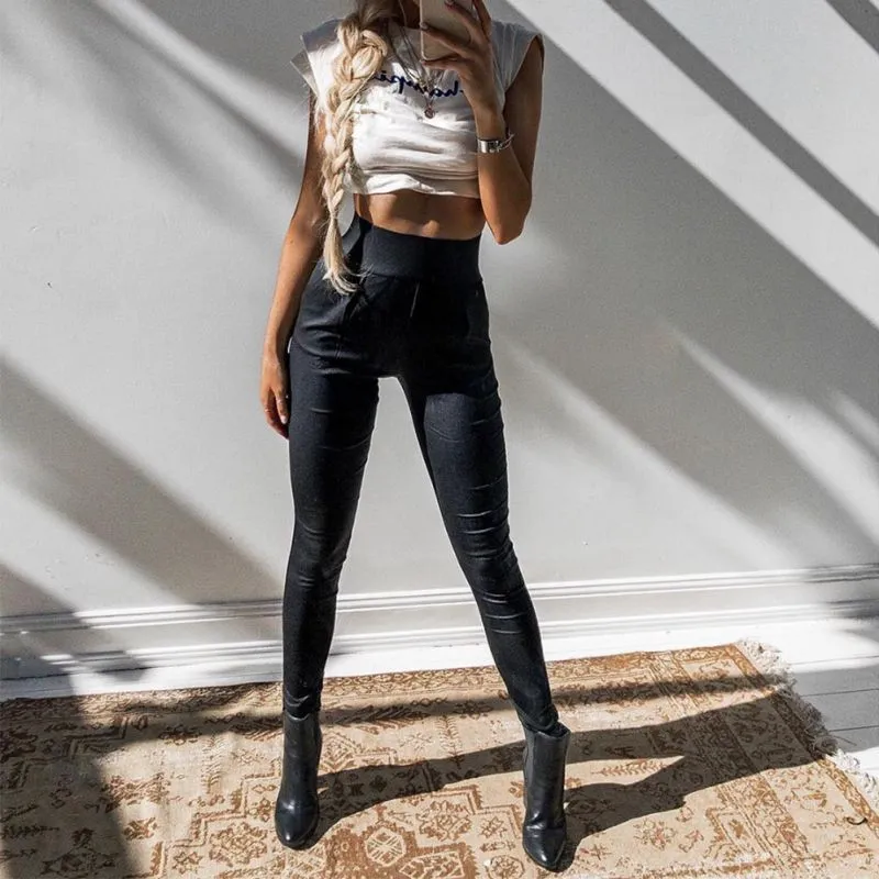Women's Thin Faux Leather Stretchy Leggins With Back Zipper