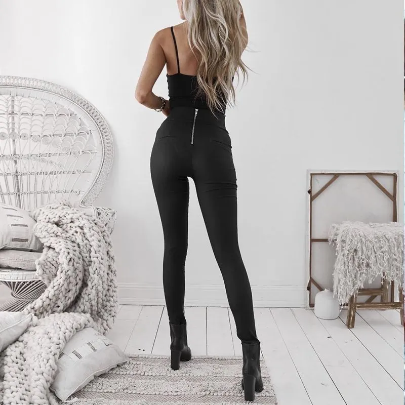 Women's Thin Faux Leather Stretchy Leggins With Back Zipper