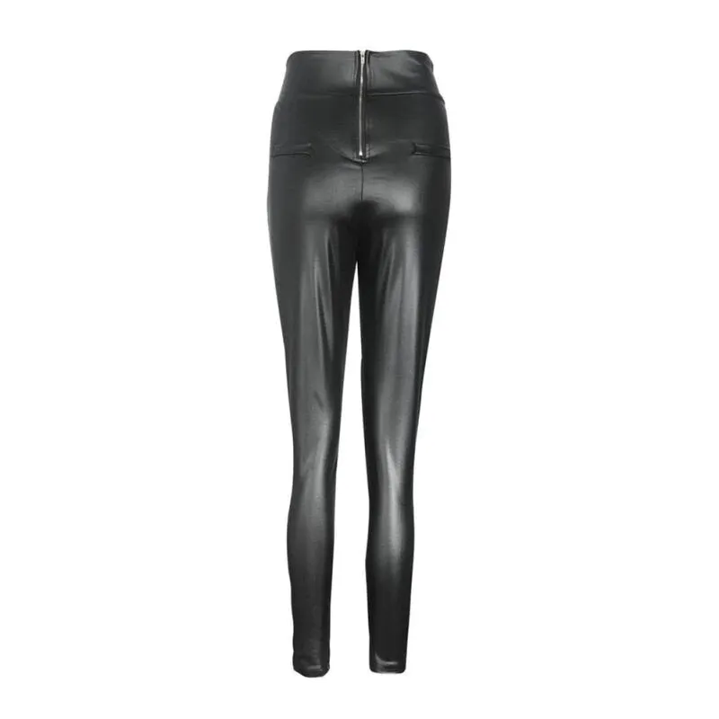 Women's Thin Faux Leather Stretchy Leggins With Back Zipper