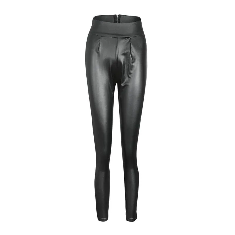 Women's Thin Faux Leather Stretchy Leggins With Back Zipper