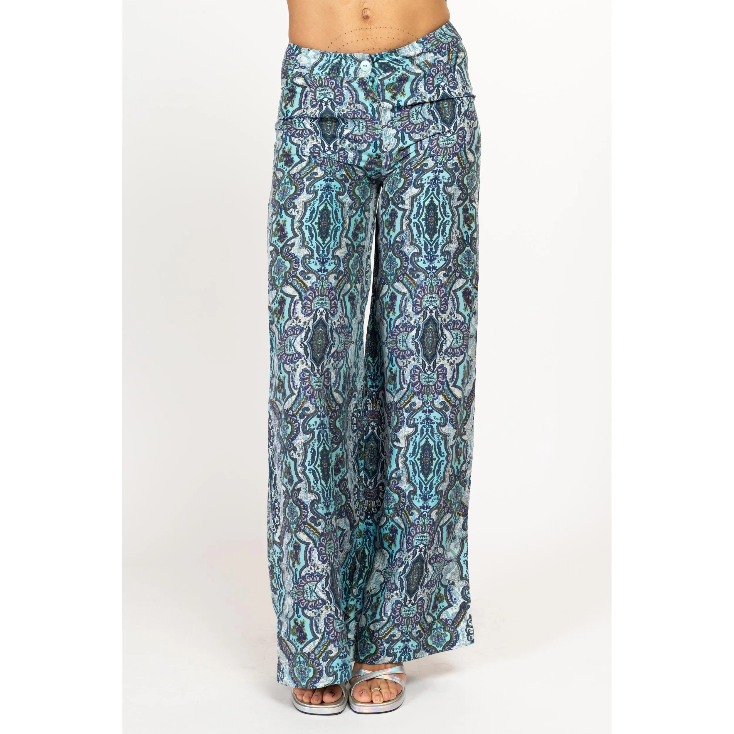 XS Y2K Blue Silk Baroque Floral Wide Leg Pants