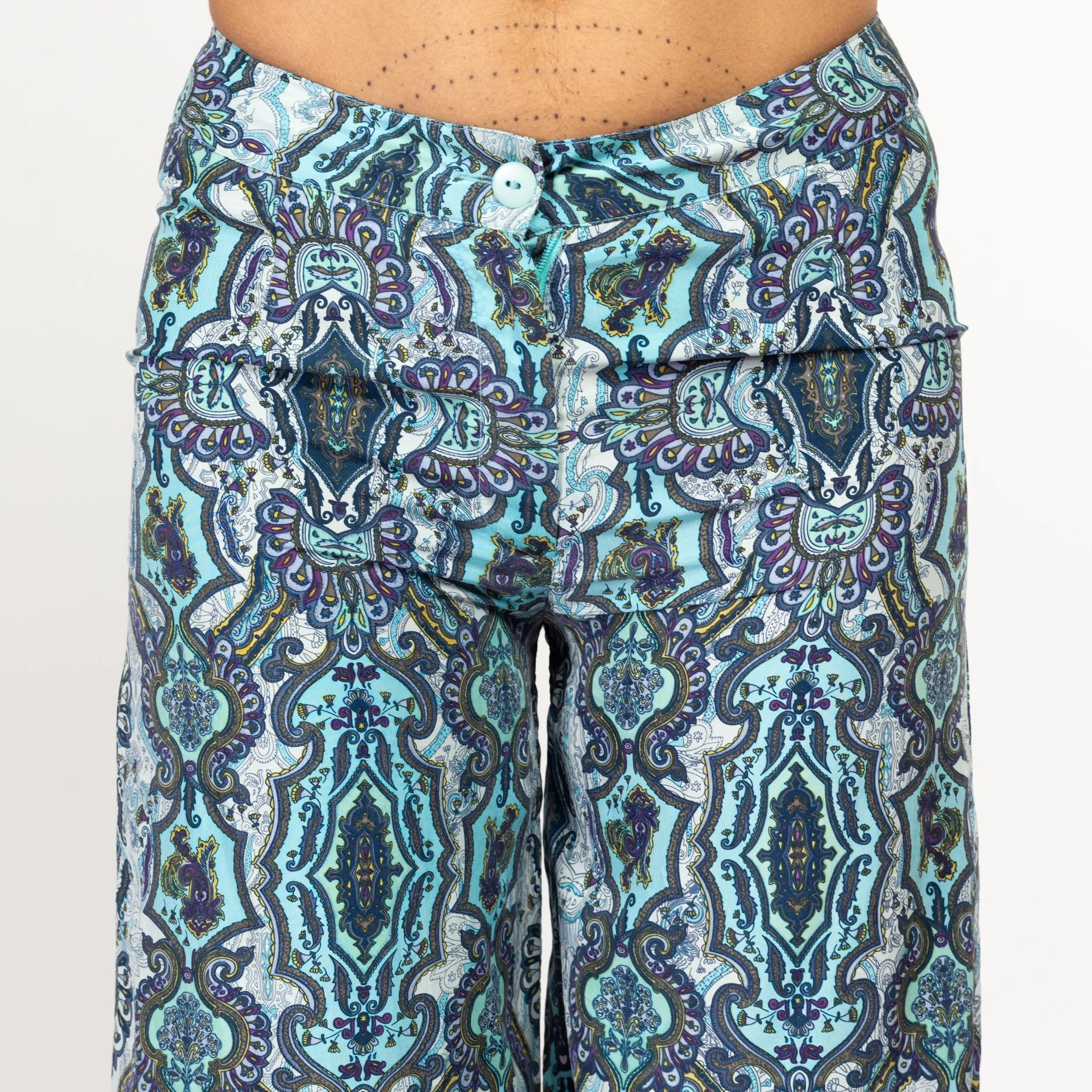 XS Y2K Blue Silk Baroque Floral Wide Leg Pants
