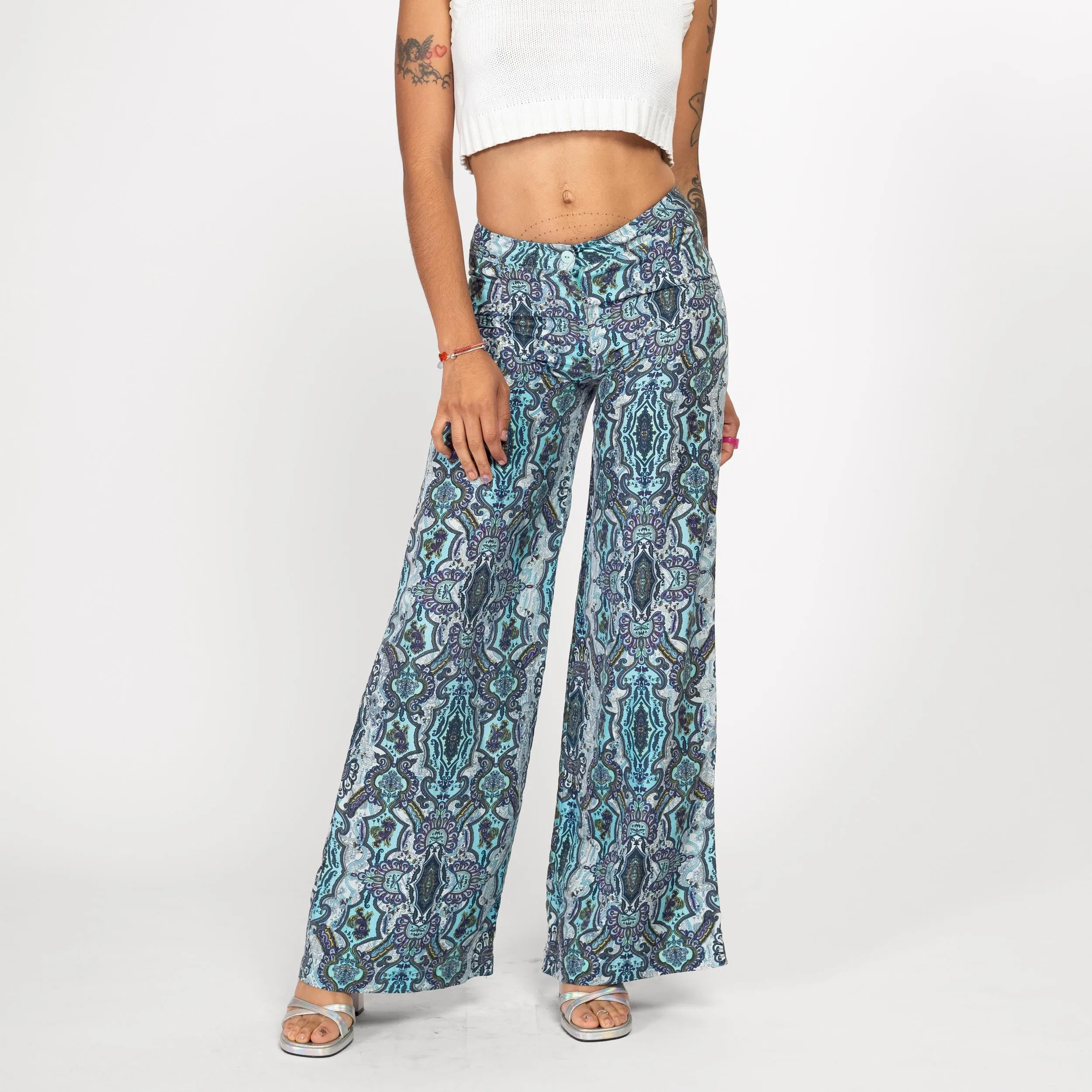 XS Y2K Blue Silk Baroque Floral Wide Leg Pants
