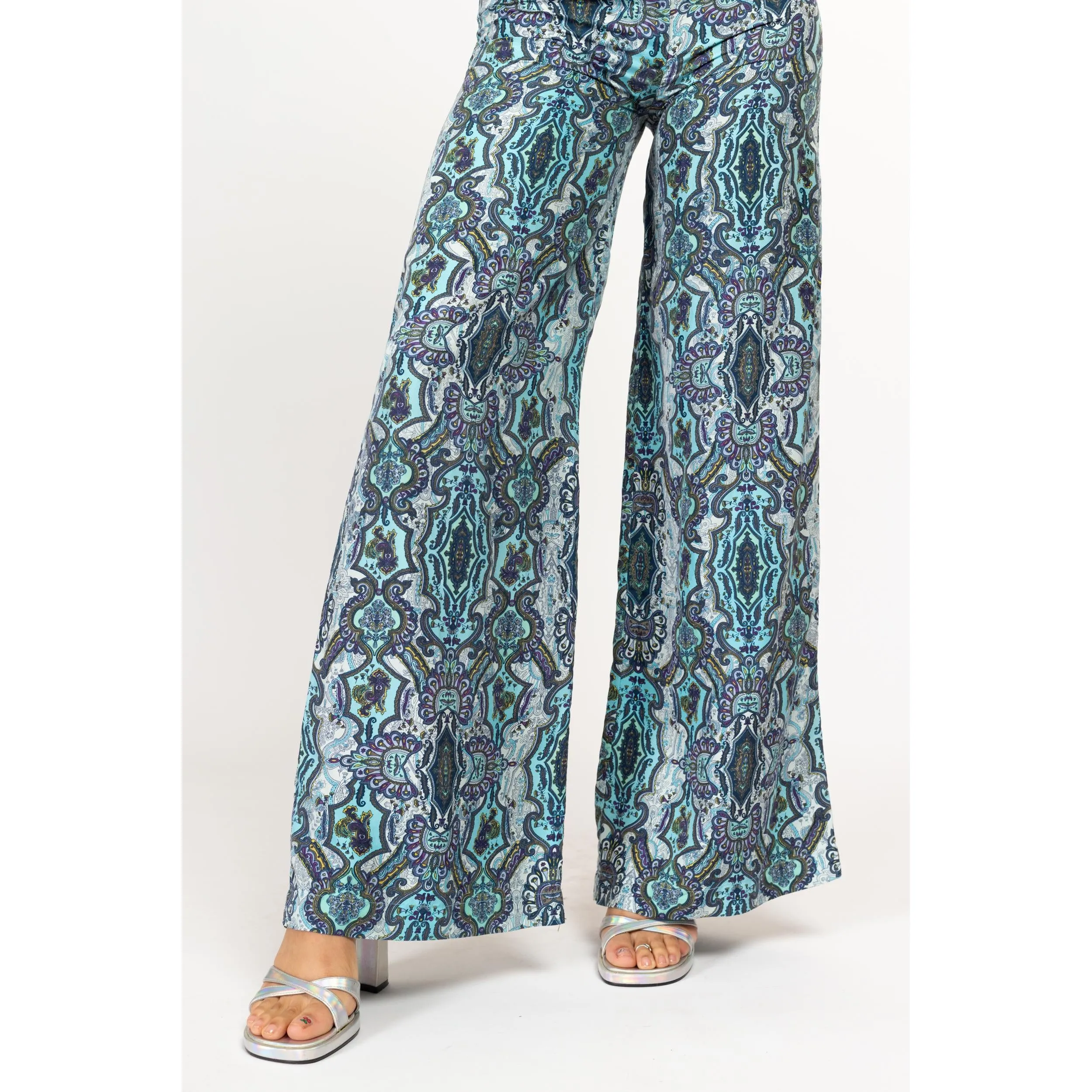 XS Y2K Blue Silk Baroque Floral Wide Leg Pants