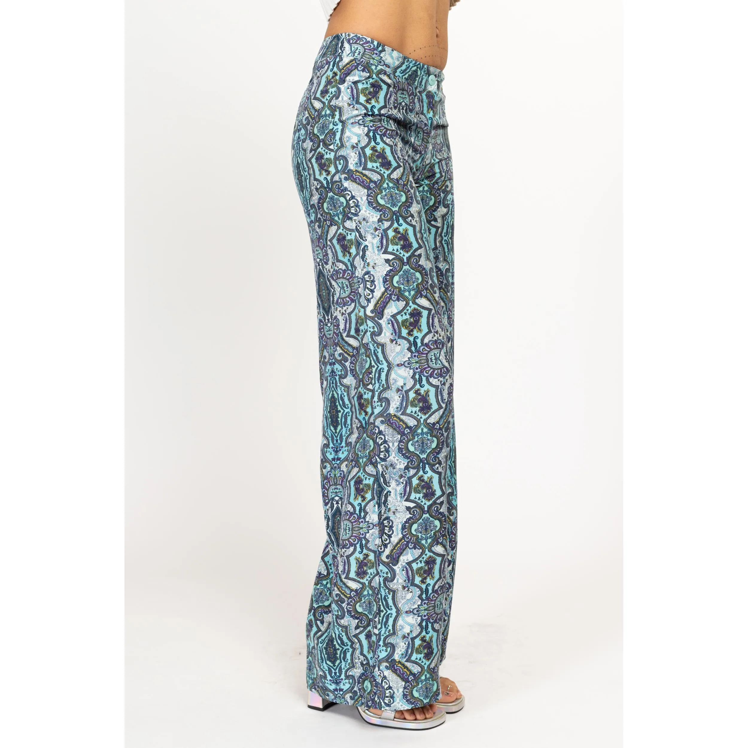XS Y2K Blue Silk Baroque Floral Wide Leg Pants