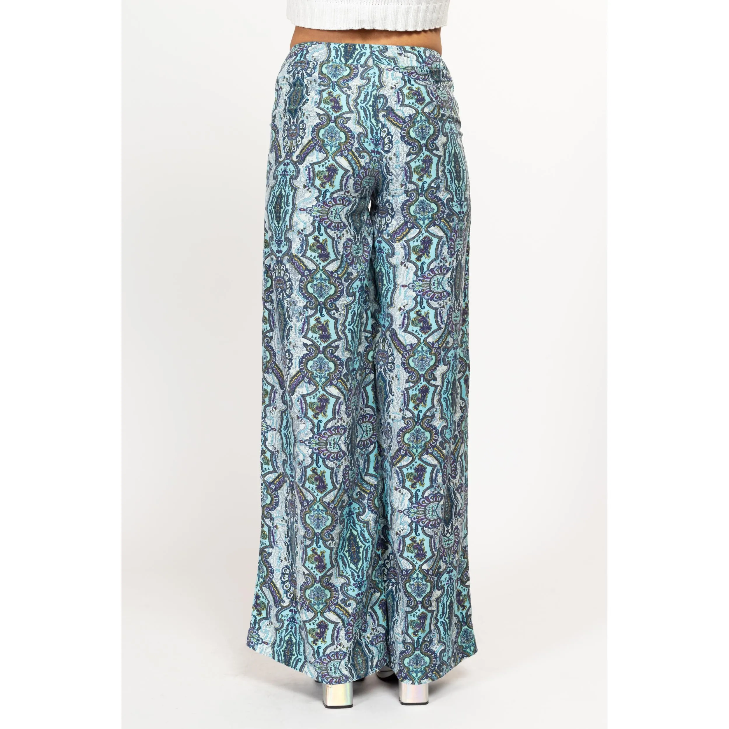 XS Y2K Blue Silk Baroque Floral Wide Leg Pants