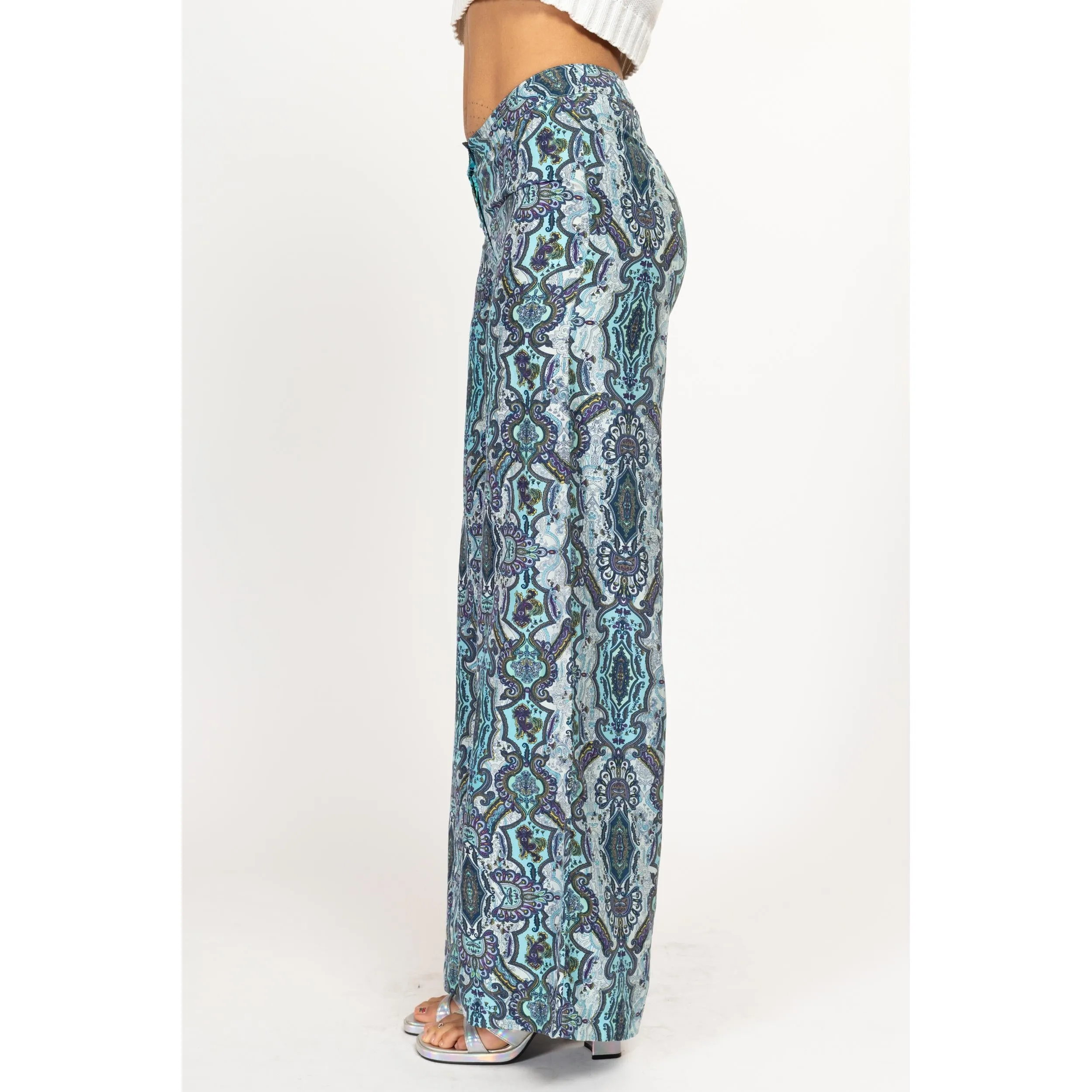 XS Y2K Blue Silk Baroque Floral Wide Leg Pants