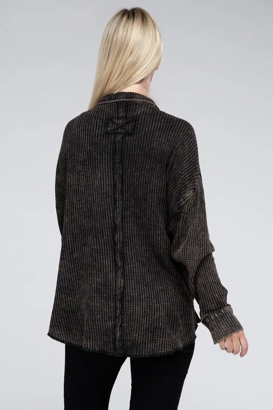 Zenana Ash Black Acid Washed Soft Waffle Knit Shacket