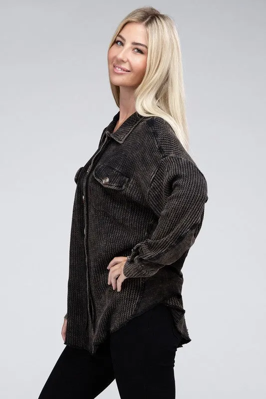Zenana Ash Black Acid Washed Soft Waffle Knit Shacket