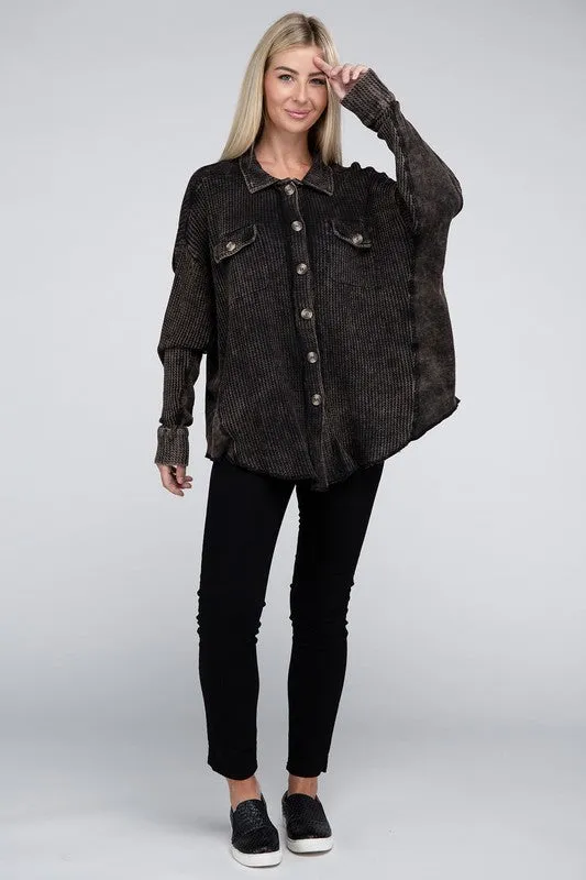 Zenana Ash Black Acid Washed Soft Waffle Knit Shacket