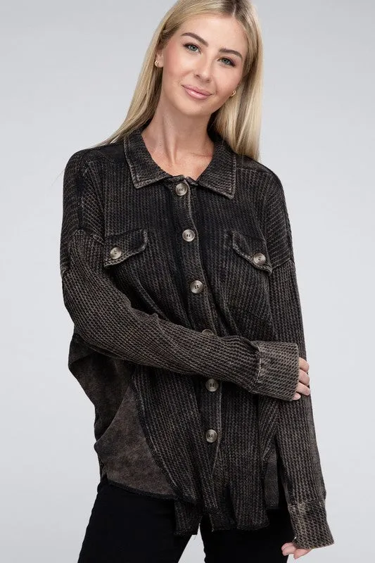 Zenana Ash Black Acid Washed Soft Waffle Knit Shacket