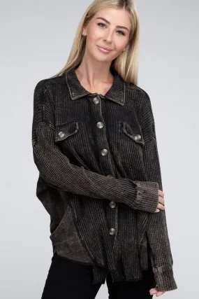 Zenana Ash Black Acid Washed Soft Waffle Knit Shacket