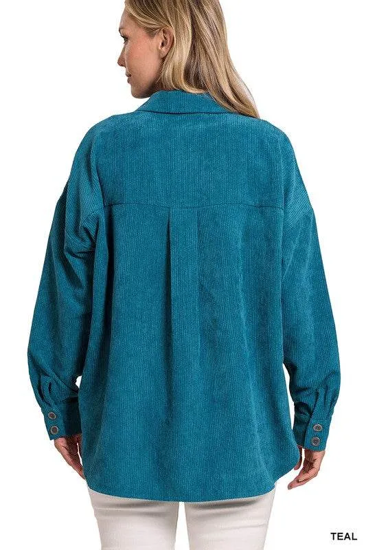 Zenana Oversize Corduroy Loose High Low Hem Collar Shacket