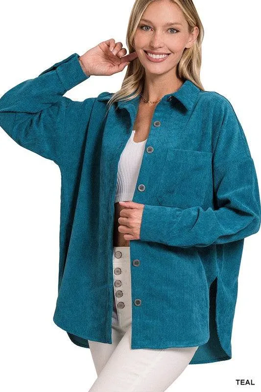 Zenana Oversize Corduroy Loose High Low Hem Collar Shacket