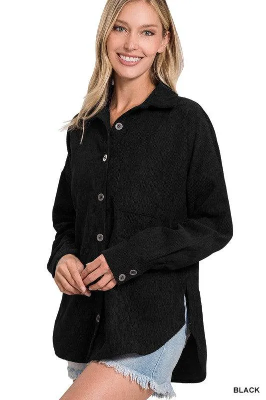 Zenana Oversize Corduroy Loose High Low Hem Collar Shacket